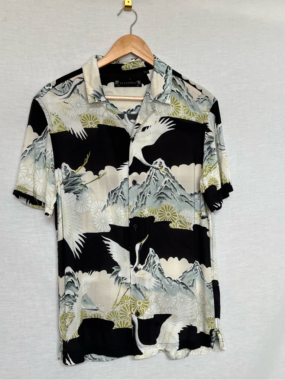 All Saints Soaring SS Black, Cream, White & Olive Crane Print Camp Shirt
